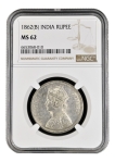 Silver One Rupee NGC MS 62 Graded Coin of Victoria Queen of Bombay Mint of 1862.