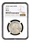 Rare NGC MS 61 Graded Silver One Rupee Coin of Victoria Queen of Calcutta Mint of 1874.