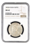 NGC MS 62 Graded Silver One Rupee Coin of Victoria Empress of Bombay Mint of 1892.