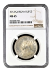 Extremely Rare Top Pop NGC MS 65 Silver One Rupee Coin of King George V of Calcutta Mint of 1913.