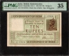 Extremely Rare PMG Graded 35 Choice Very Fine Ten Rupees of King George V of 1925 Banknote Signed by H Denning.