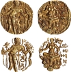 Archer type Gold Dinar Coin of Chandragupta II of Gupta Dynasty with king has a long sword hanging off his waist.