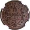 Scarce NGC MS 63 BN Copper One Twelfth Anna Coin of East India Company of Madras Mint of 1835.