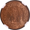 Rare NGC MS 65 RD Graded Bronze One Quarter Anna  Coin of 1917 of Calcutta Mint of King George V.