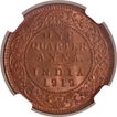 Very Rare NGC MS 65 RB Graded Bronze One Quarter Anna Coin of King George V of Calcutta Mint of 1919.