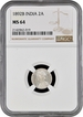 Rare NGC MS 64 Graded 1892 Silver Two Annas  Coin of Victoria Empress of Bombay Mint.