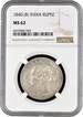 Rare NGC MS 62  Graded Silver One Rupee Coin of Victoria Queen  of Bombay  Mint of 1840.