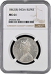 Scarce NGC MS 61 Graded Silver One Rupee Coin of Victoria Queen of Bombay Mint of 1862.