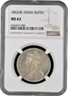 Rare NGC MS 62 Graded Silver One Rupee Coin of Victoria Queen of 1862 of Bombay Mint.