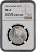 NGC MS 62 Graded Silver One Rupee Coin of Victoria Empress of 1885 of Calcutta Mint.