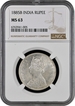 Rare NGC MS 63 Graded 1885 Silver One Rupee Coin of Victoria Empress of Bombay Mint.