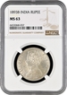 Rare NGC MS 63 Graded 1893 Silver One Rupee Coin of Bombay Mint of Victoria Empress.