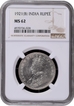 Rare Date NGC MS 62 Graded Silver One Rupee Coin of of King George V of Bombay Mint of 1921.