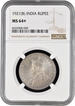 Rare Date NGC MS 64+  Graded 1921 Silver One Rupee Coin of King George V  of Bombay  Mint.