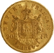 Gold Twenty Francs Coin of Napoleon III of France of 1864.