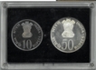 1974 Proof Set Planned Families-Food for All Silver 50 Rupees and 10 Rupees Bombay Mint.